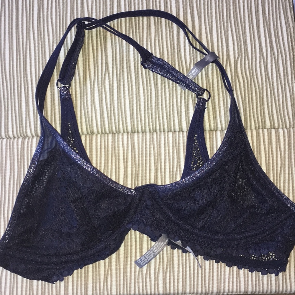 New aerie Navy Blue lace bra cross cross back 34B